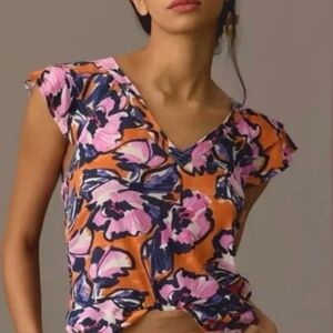 Anthropologie Maeve Top Orange Purple Floral Ruffles V-Neck
